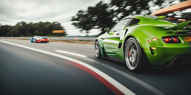 Foto l'auto sportiva corre in pista con il banner della vista posteriore a velocità folle ia generativa