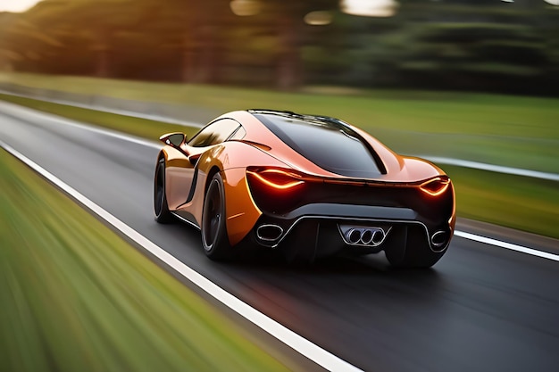 Sports car riding on highway road Car in fast motion Fast moving super car on the street