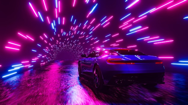 Photo a sports car rushes through a neon tunnel 3d rendering illustration
