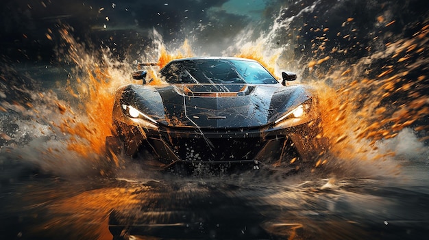 Фото Спортивный автомобиль, мчащийся сквозь бурюfast char splashingwater rain motorsports motion digital art
