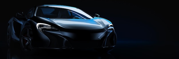 Настройка студии спортивных автомобилей на темном фоне. 3d визуализация