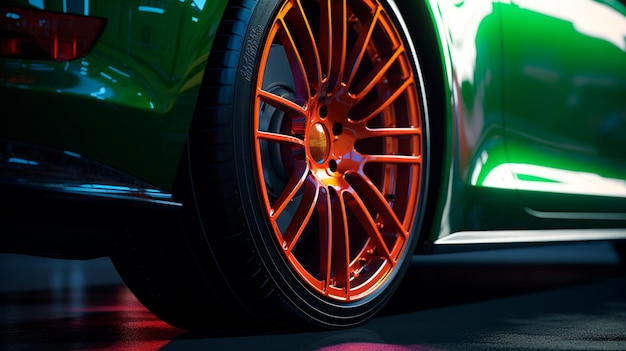 Колеса спортивного автомобиля с низкопрофильными шинами на алюминиевых дисках крупным планом Generative AI