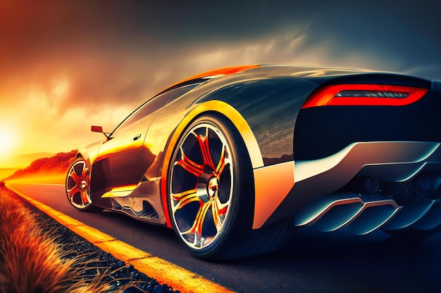 A sports car with advanced features races down a futuristic road