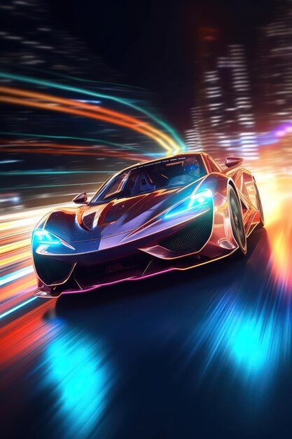 다채로운 불빛 을 가진 스포츠 자동차 는 밤 에 매혹적 인 빛 효과 를 나타니다.