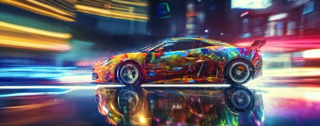 Sports car with iridescent paint going at high speed on futuristic city setting at night