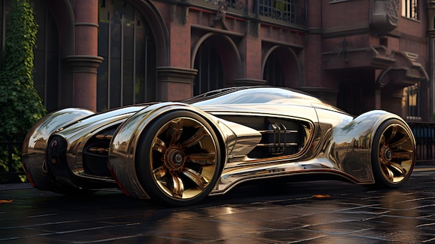 Спортивный автомобиль с металлическим блеском, синтез времени, научная фантастика.