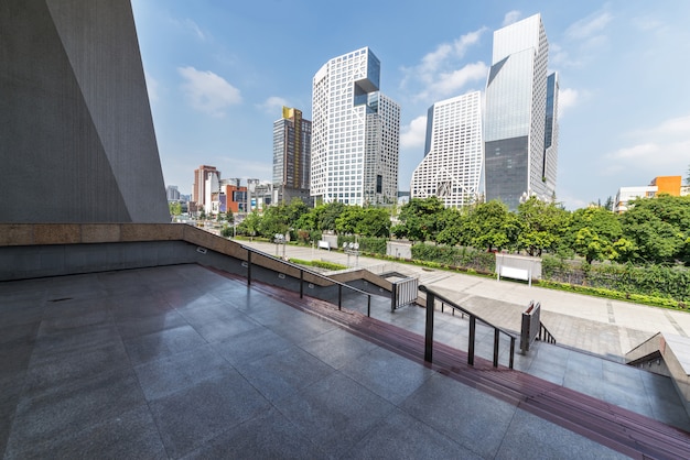 Sports center square and modern skyscrapers in Chengdu, China