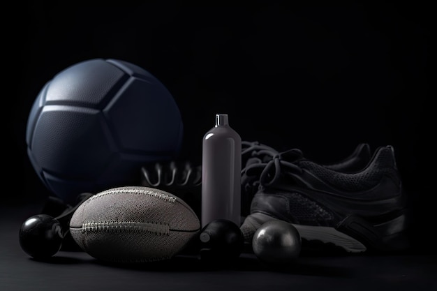 Sports equipment on a black background Shallow depth of field Sports Equipment on a dark background AI Generated