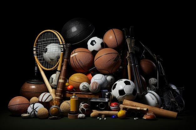 Photo sports equipment on a black background sports equipment on black background ai generated