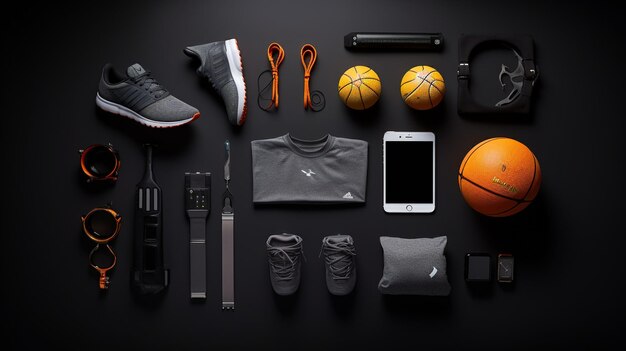 Sports equipment on a black background Top view