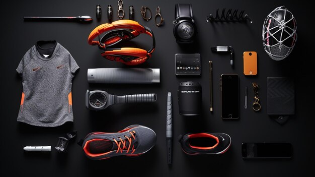 Sports equipment on a black background Top view