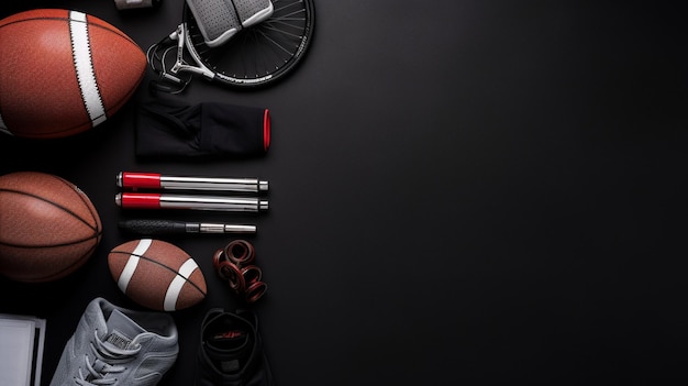 Sports equipment on a black background