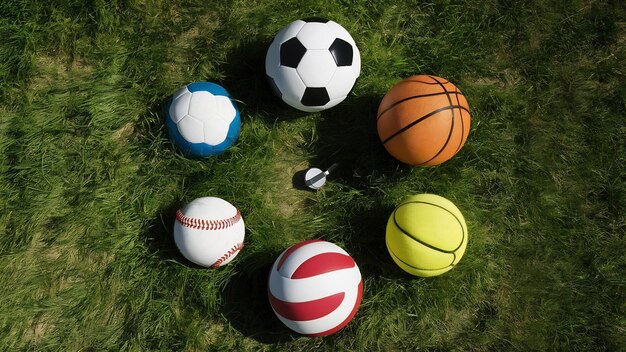 Sports equipment on green grass top view