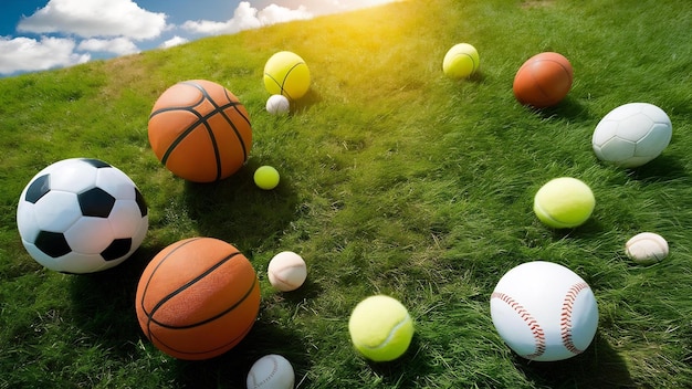 Sports equipment on green grass top view