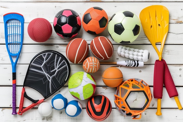 Фото Спортивное оборудование на полу мячи ракетки для игр и соревнований