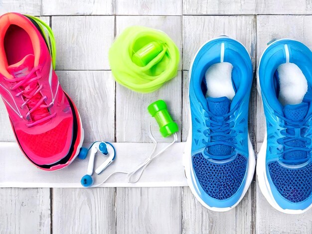 Photo sports equipment sport shoes water towel and earphones on wooden background sport fitness