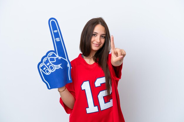 Sports fan Ukrainian woman isolated on white background showing and lifting a finger