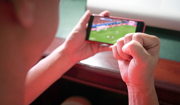 Sports fan with fist up in celebration while watching sports\
streaming on mobile phone