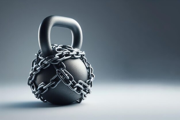 A sports kettlebell wrapped in a chain Space for text