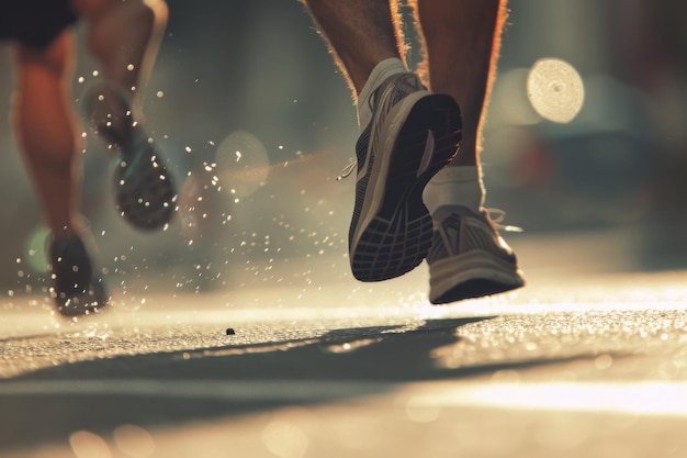 スポーツのライフスタイル ランニング カーディオトレーニング スニーカーを履いて通りを走る男女 朝の運動をしているアスリート