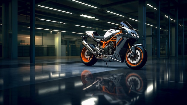 A sports motorcycle in a modern garage