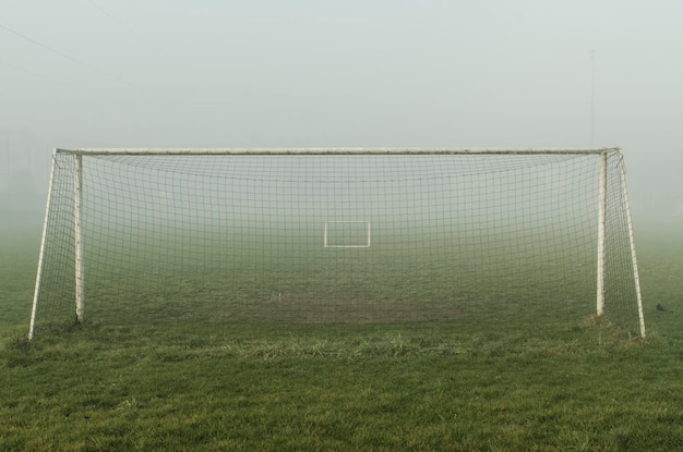 Sports net on grassy field during foggy weather