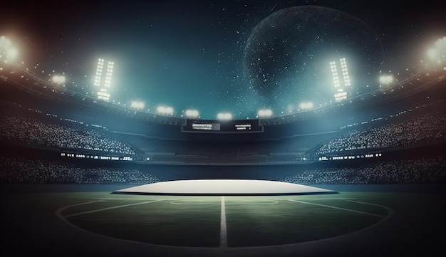 야간 스포츠를 배경으로 흐릿한 3D 조명을 배경으로 한 축구 및 크리켓 경기장 Generative Ai
