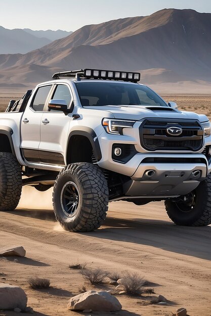 A sports offroad pickup truck with large wheels headlights a strong bumper shock absorbers