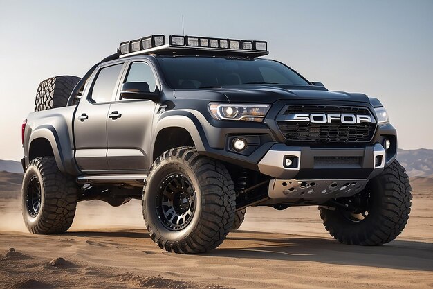 A sports offroad pickup truck with large wheels headlights a strong bumper shock absorbers