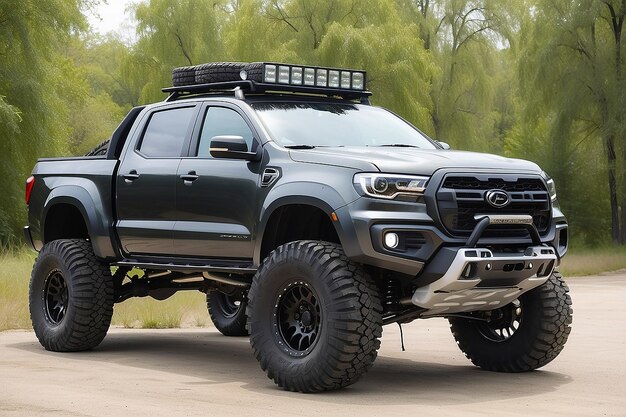 A sports offroad pickup truck with large wheels headlights a strong bumper shock absorbers