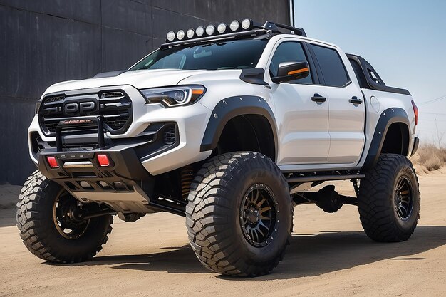 A sports offroad pickup truck with large wheels headlights a strong bumper shock absorbers