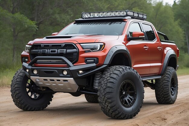 A sports offroad pickup truck with large wheels headlights a strong bumper shock absorbers