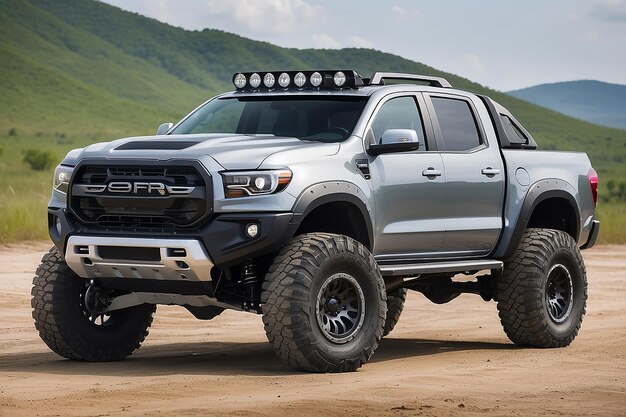 A sports offroad pickup truck with large wheels headlights a strong bumper shock absorbers