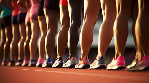 Sports photo from the sidelines of the starting line of an Olympic track race beautiful athletic women are lined up in the starting line ready for the start of the race