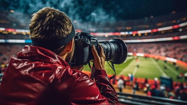 Foto fotografi sportivi che riprendono una partita di campionato di calcio in uno stadio con obiettivo zoom e intelligenza artificiale generativa