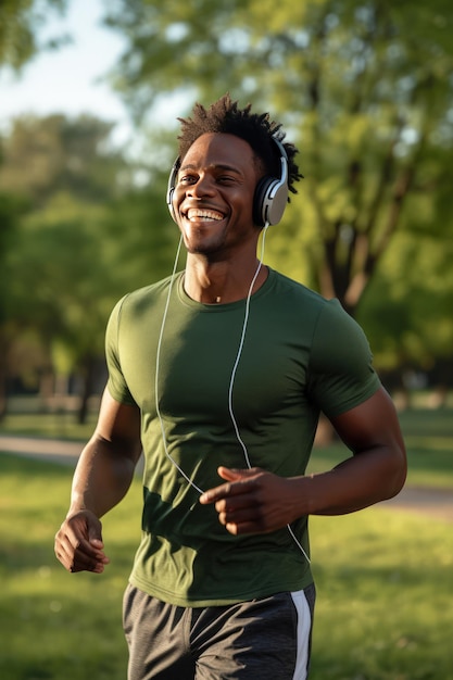 Sports and physical education as a lifestyle Young African American athlete during jogging workout in city park Jogging workout with your favorite music with online app