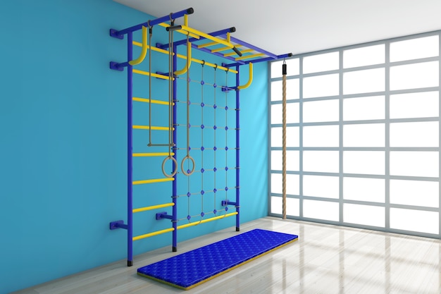 Sports Playground Wall Bars voor kinderen tegen een lege blauwe muur in de kamer. 3D-rendering