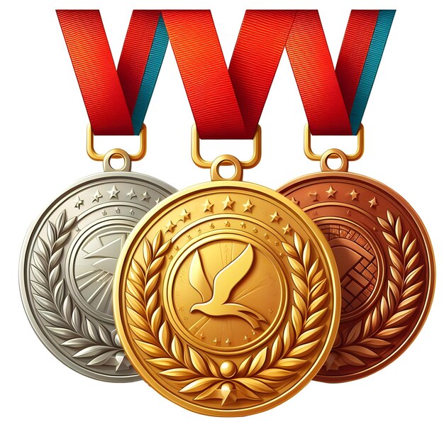 Photo sports prize golden silver bronze medal with ribbon 3d design illustration front view