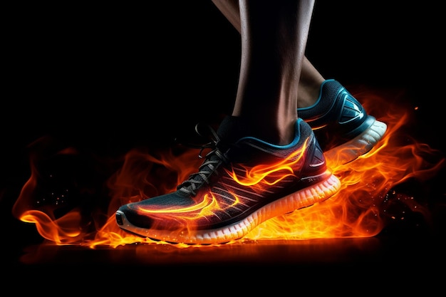 спортивный бегун, вид сбоку на бегунов с огнем на черном фоне