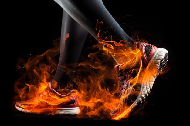 sports runner side view of joggers with fire on black background