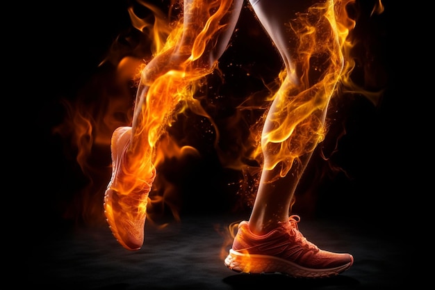 sports runner side view of joggers with fire on black background