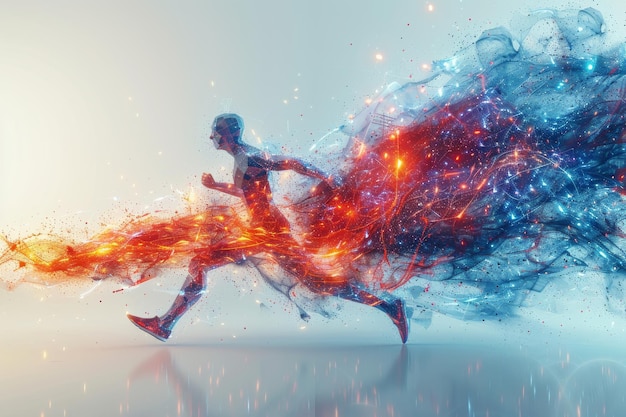 Фото Концепция спортивной науки и технологии многоугольный бегун прыгает с футуристическими элементами