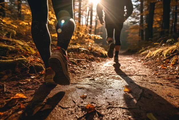 Foto scarpe sportive e gambe sul sentiero forestale persone che corrono sul sentiero pedonale