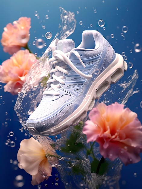 Спортивная обувь в окружении прозрачных цветов, брызгающих каплями воды, излучающих бело-синий AI Generative
