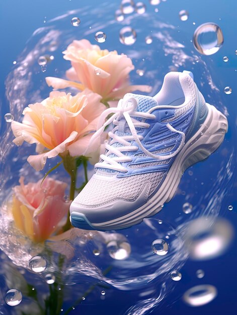 Sports shoes surrounded by transparent flowers splashing with water droplets emitting light white blue AI Generative