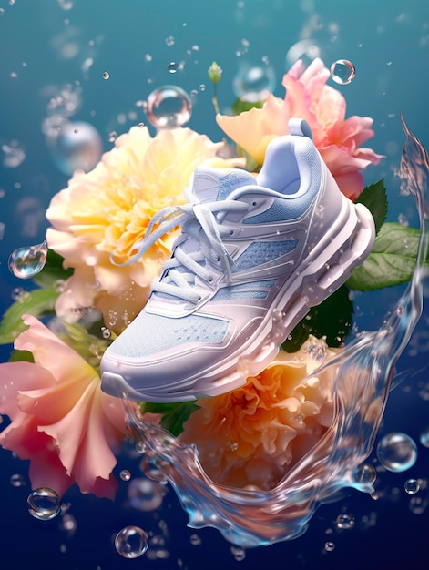 Sports shoes surrounded by transparent flowers splashing with water droplets emitting light white blue AI Generative