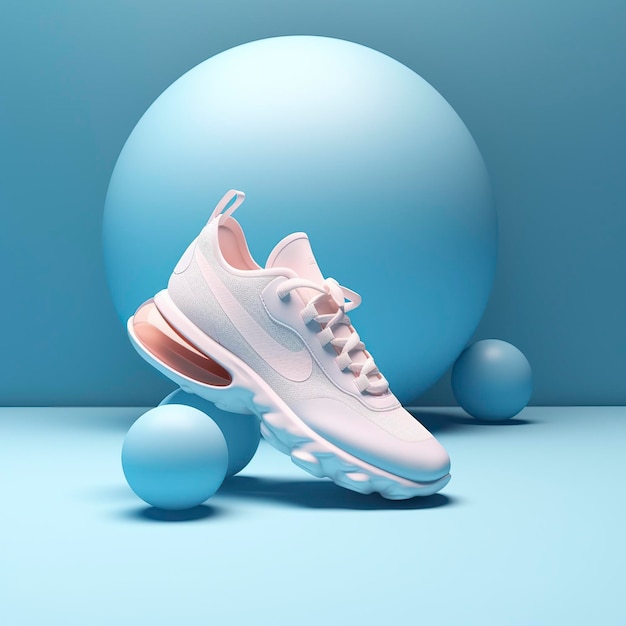 Sports shoes with a ball clean and simple background bright light blue background color AI Generative