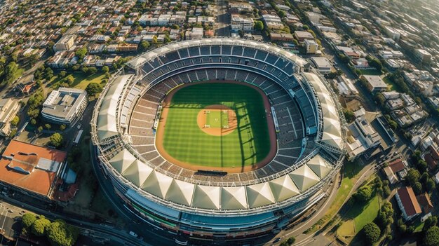 森林公園のスポーツ スタジアムのトップダウンの頭上空撮