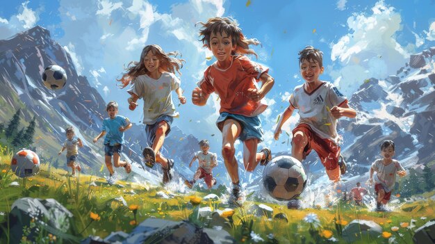 Sports such as football swimming running and horseback riding are popular among children CG video game art concept illustrations realistic cartoon style backgrounds are available