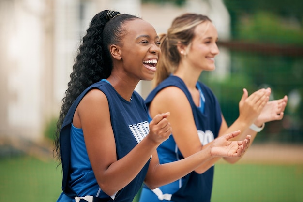 Sports support and netball team cheers applause or celebrate teamwork goal game win or competition victory winner motivation and diversity athlete women clap for fitness training or workout fun